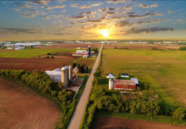 Idyllic rural agricultural landscape with dramatic sky at dawn